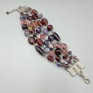 Glass Beaded Bracelet Silver Tone Multi Strand Purple Pink Oval Round Beads